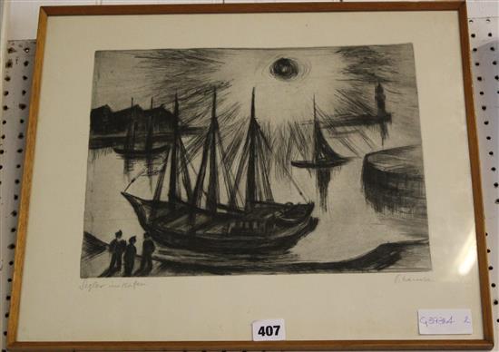 German etching of sunset harbour scene